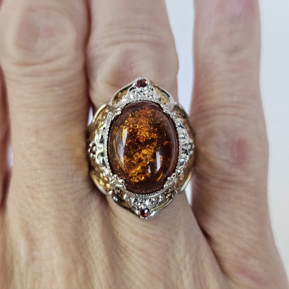 Natural Baltic Amber & Red Sapphire Ring 18K & Palladium Silver Sz 8 - Picture 5 of 5